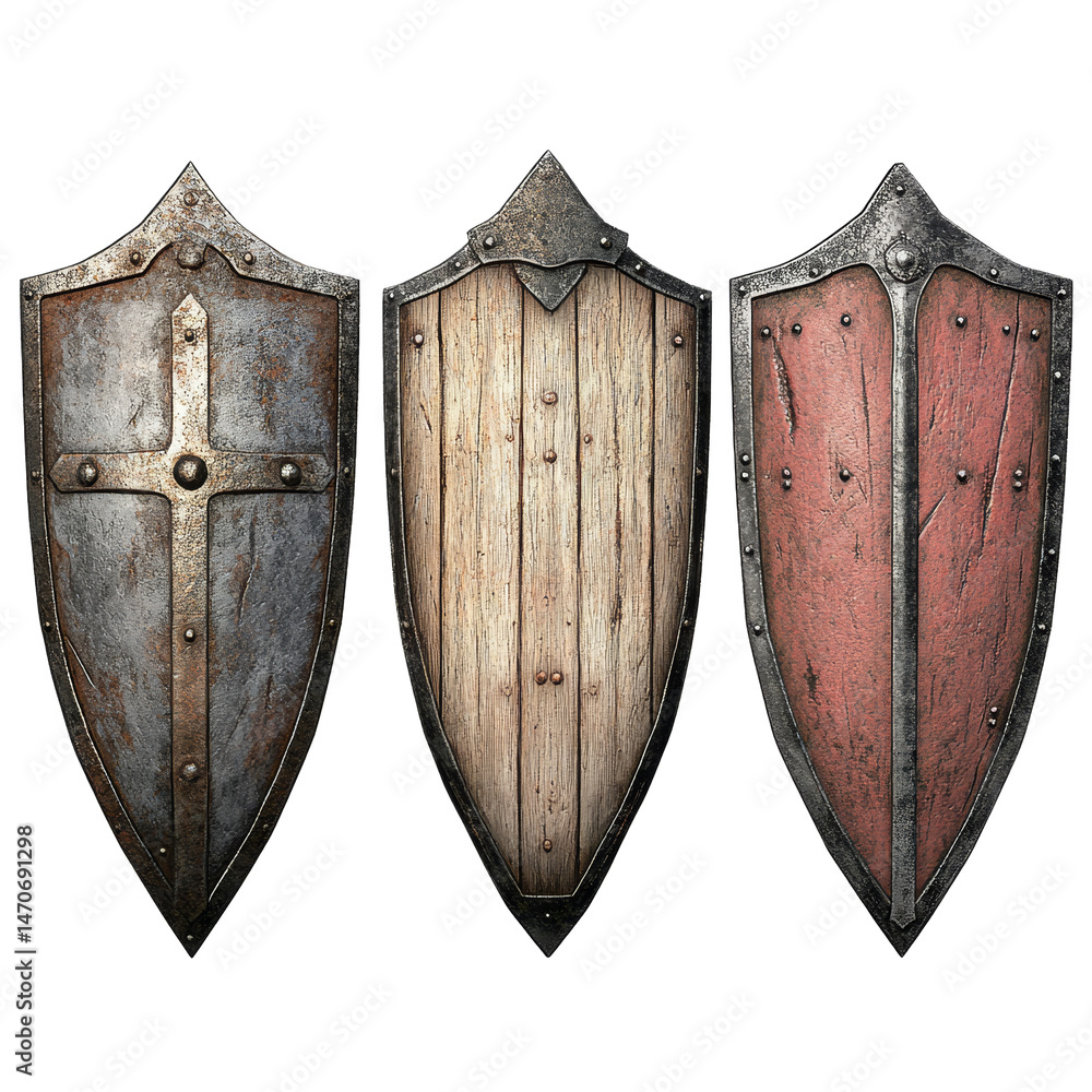 Poster collection of medieval knight shields displayed on a transparent background for historical and artis