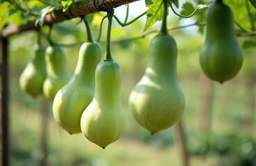 Green bottle gourd vegetables hanging in farm garden. Healthy fresh organic calabash vegetables. Food production. Agricultural plantation of bottle gourds, fresh, raw. Vegetarian cuisine. Vitamin