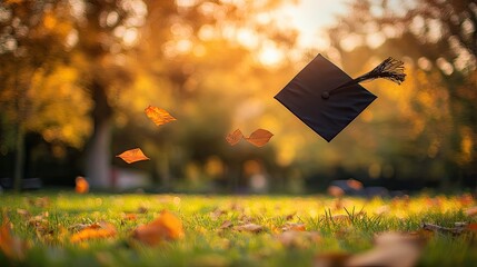 Graduation cap floating in autumnal park setting.