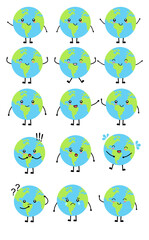 Cute Earth character emojis with various emotions for environmental and Earth Day themes
