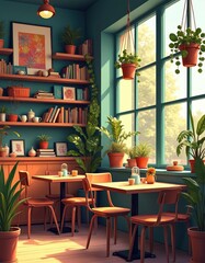 Cozy cafe interior featuring cluttercore aesthetic vintage books, eclectic tableware, hanging plants, colorful art. Sunlight streams through window creating inviting atmosphere for relaxation,