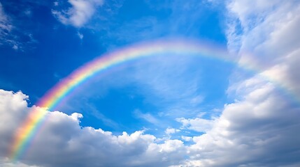 A vibrant rainbow arches across a partly cloudy sky.