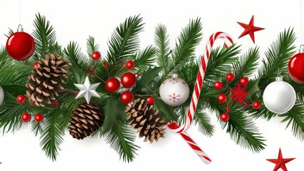 Festive holiday border featuring an assortment of pine branches, various Christmas ornaments, a red and white candy cane, pinecones, holly, and red stars against a bright white backdrop. - Powered by Adobe