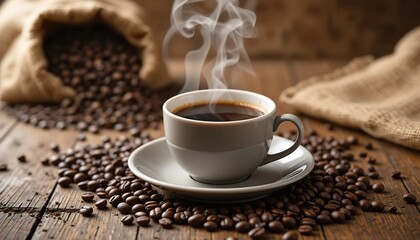 Fototapeta premium A steaming cup of coffee placed on a saucer, surrounded by scattered coffee beans and a burlap sack, creating a warm and inviting atmosphere perfect for coffee lovers