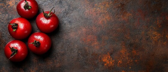 Fresh red tomatoes arranged on a rustic surface.