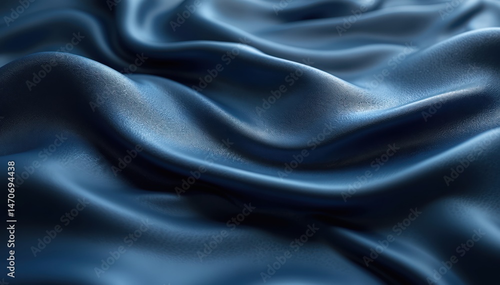 Poster Abstract flowing dark blue metallic wave pattern. Smooth surface reflects light. Beautiful digital design, elegant, creative background. Fluid art, minimalistic shape, shiny, movement, beauty.