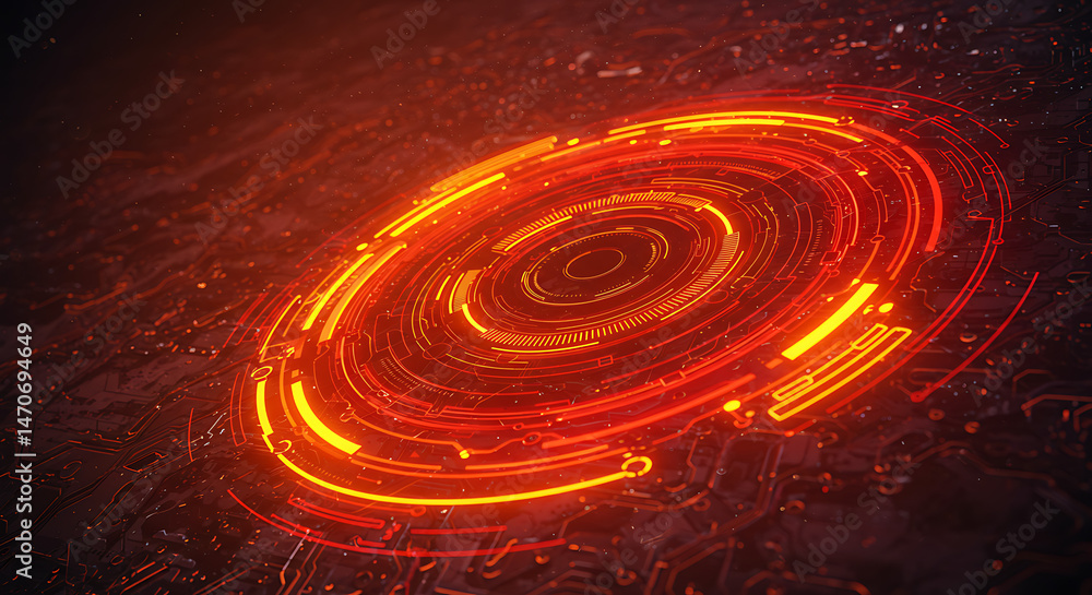 Poster futuristic technology: a glowing, red-orange concentric circle design with intricate circuitry patte
