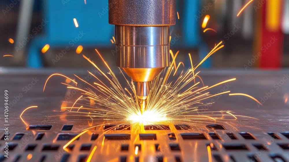 Aufkleber precision cutting process using laser technology with sparks and machinery background