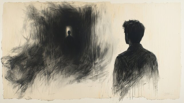 Abstract figure contemplating a shadowy space