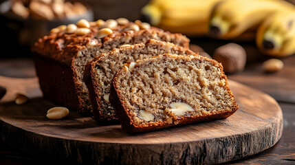 Deliciously rustic banana bread with toasted nuts served on a wooden board