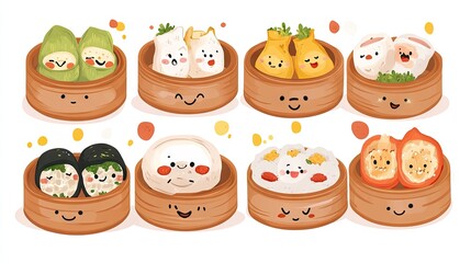 Cute cartoon dim sum dishes displayed in bamboo steamers.