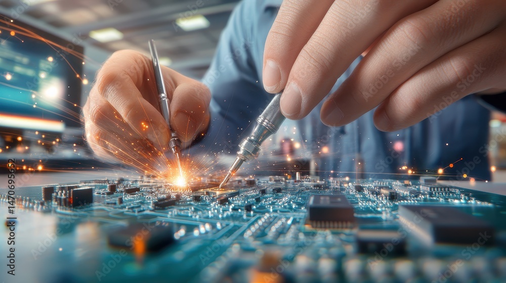 Poster detailed hands working with circuit board and tools in high-tech electronics environment