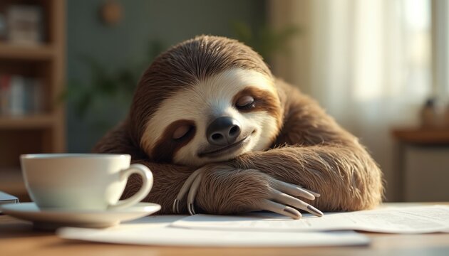 Sloth sleeps at work desk. Office job stress, burnout, deadlines, procrastination. Coffee cup next to sleeping sloth. Unproductive employee, time management issues. Tiredness, nap. Rest time at work,