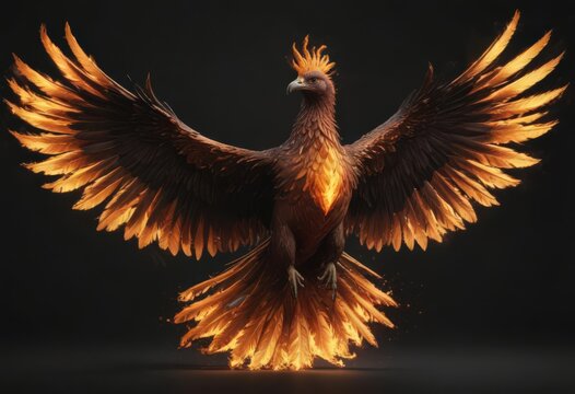 A majestic phoenix ablaze, wings outstretched, set against a pure black backdrop ,  black,  rebirth