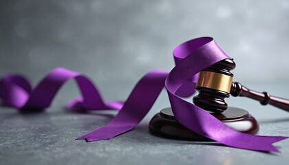 Conceptual image features purple awareness ribbon, gavel on grey background. Domestic violence law concept, court justice system legal regulations symbol. Crime punishment rights protection defense.