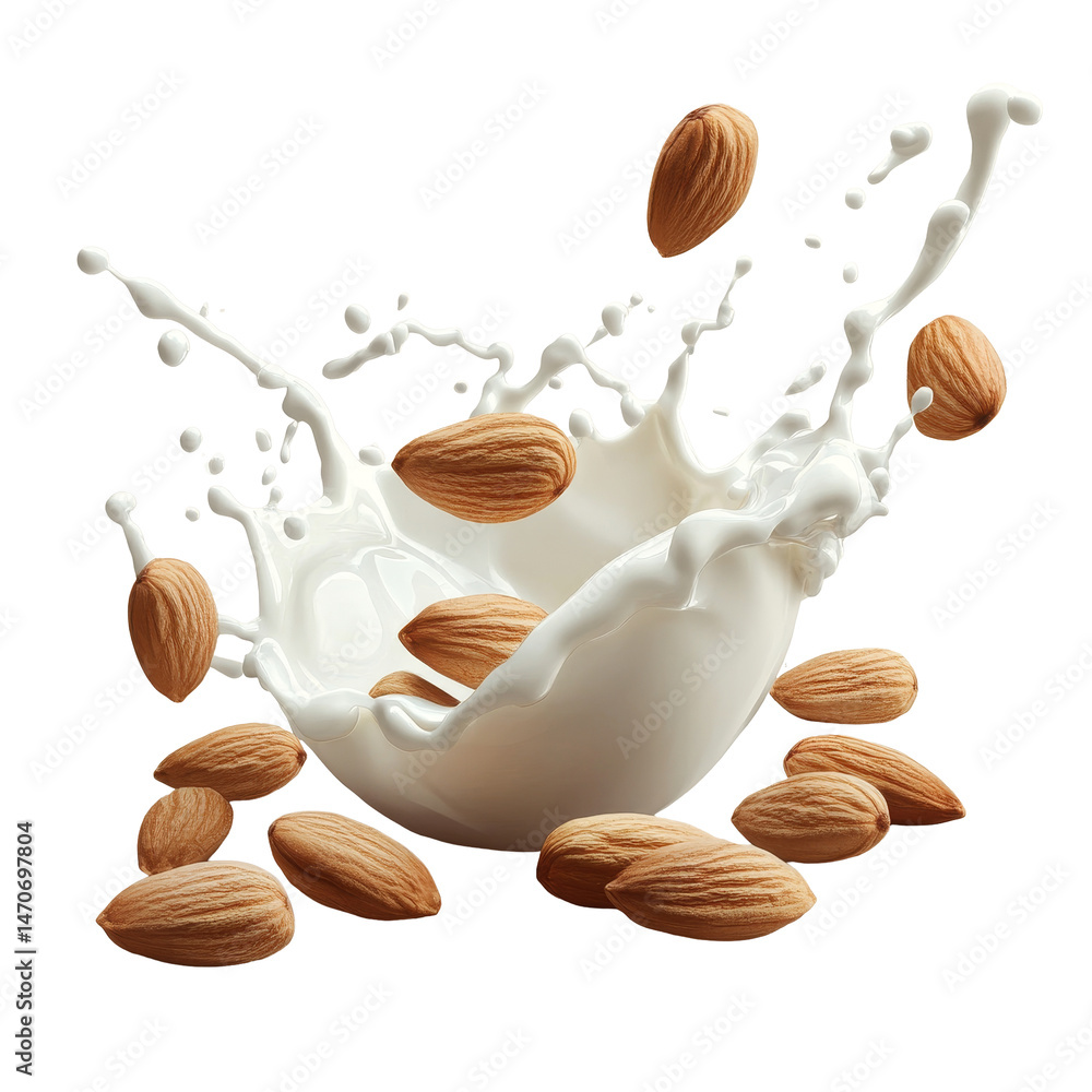 Poster almonds splashing into a bowl of milk, creating dynamic and natural fluid motion, almonds with milk 