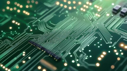 Obraz premium Detailed Close-Up of Electronic Circuit Board with Green Background and Lights