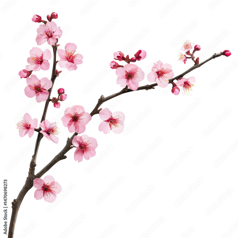 Poster a delicate sakura tree branch adorned with pink blossoms against a pristine transparent background, 