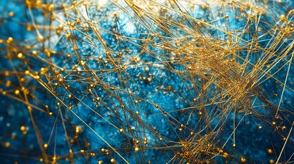 Abstract golden network structure on blue background detailed digital art web mesh dots data lines
