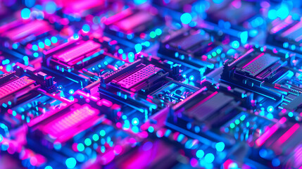 Obraz premium Close-up of neon circuit boards in a high-tech environment a digital art perspective