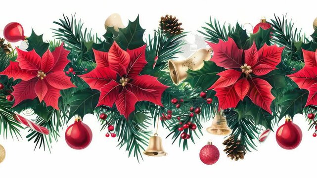 Festive border with vibrant red poinsettias, lush green pine and holly, and an assortment of classic Christmas ornaments, pinecones, bells, and red berries, set against a clean white backdrop.