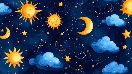 Fototapeta premium Celestial design with suns, moons, and clouds.