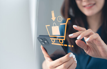 Online shopping, e-commerce, social media marketing, global business concept. Customer using mobile phone for online shopping via mobile app with virtual shopping cart, small business