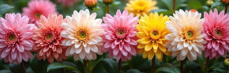 Obraz premium Collage of various chrysanthemums. Line of colorful flowers in bloom. Collection of pink peach yellow flowers, natural background, fresh flora in garden, nature concept.