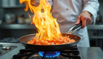 Chef flipping a flaming skillet over gas stove. Fresh seafood shrimp sizzles in pan during cooking process. Culinary art, dish preparation, restaurant kitchen cooking.