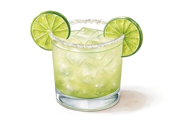 Lime Margarita Refreshment: A meticulously crafted margarita featuring a pristine presentation, showcasing fresh lime slices, perfectly salted rim, and crystal-clear ice, embodying refreshment