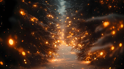 Naklejka premium Enchanted Winter Forest Path with Glowing Lights