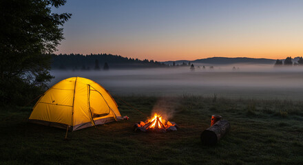 A glowing tent in a forest clearing at dawn with mist in the background, a campfire in front, and enough empty space in the sky for text overlay.