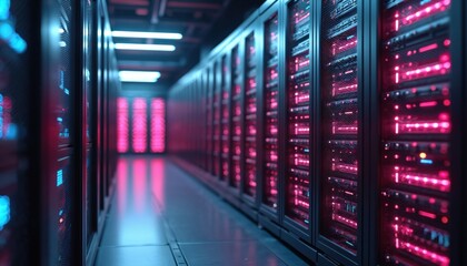 Futuristic server racks in a sci-fi environment with vibrant neon lighting. Data center, high-tech room with modern technology. Digital information, network, cloud computing, big data, cyber security.