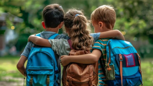 A back-view shot shows three young children affectionately embracing, each wearing backpacks, hinting at school or outing. Set against natural green backdrop, it portrays friendship , camaraderie.