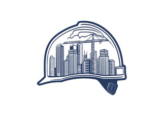 Line art illustration of construction site elements inside a hard hat against a transparent background conveying urban development concepts. Building, architecture, and industry.