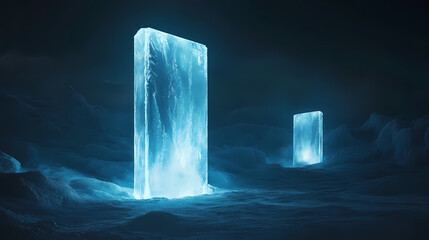 Standing in a frozen night landscape, a luminous ice monolith captures attention. ancient glowing monoliths. illustration. [Frozen Monoliths] | Permafrost Pillars | sealed silence. Illustration