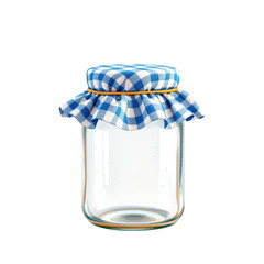 Empty Glass Jar with Gingham Fabric Cover, isolated on transparent background.