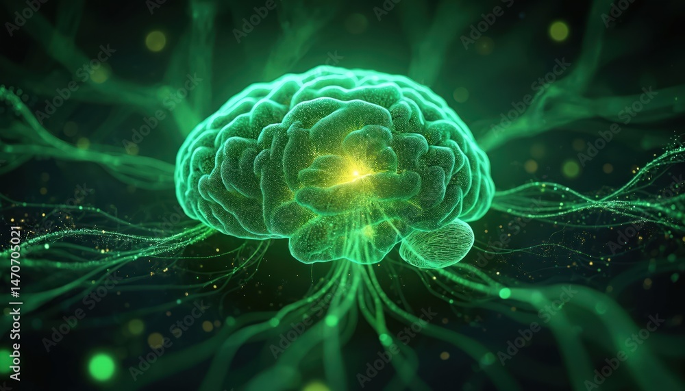 Poster Abstract illustration of brain with glowing neural connections, neural network in green. Artificial intelligence, machine learning, modern tech concepts. Science, biology, anatomy concept with neon,
