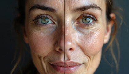 Split face of young woman shows aging process. One side smooth skin, other shows wrinkles. Represents concept of beauty vs aging. Shows skin care concept.