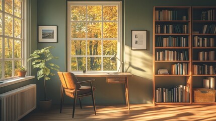 Autumn sunlight streams into home office, illuminating desk, chair, and bookshelves