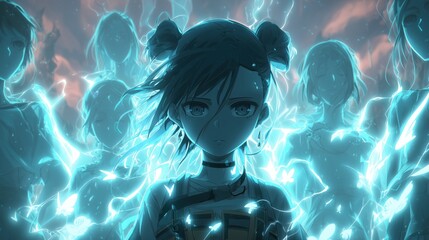 Naklejka premium Anime Girl Surrounded by Electric Spirits of Memory
