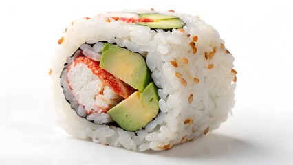 Close-Up of Sushi Roll with White Rice, Avocado Slices, Crab Meat, and Sesame Seeds on White Background

