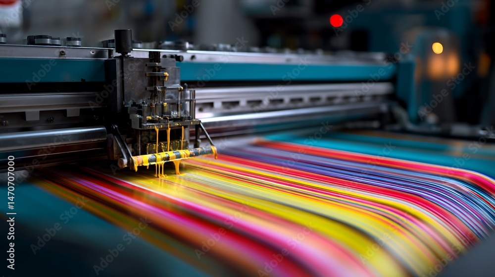 Aufkleber large-format printer applying yellow ink to multicolored substrate