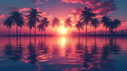 Pink Sunset Paradise: Idyllic Tropical Island Silhouette at Dusk