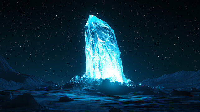Standing in a frozen night landscape, a luminous ice monolith captures attention. ancient glowing monoliths. illustration. [Frozen Monoliths] | Icepeak Tower | jagged height. Illustration