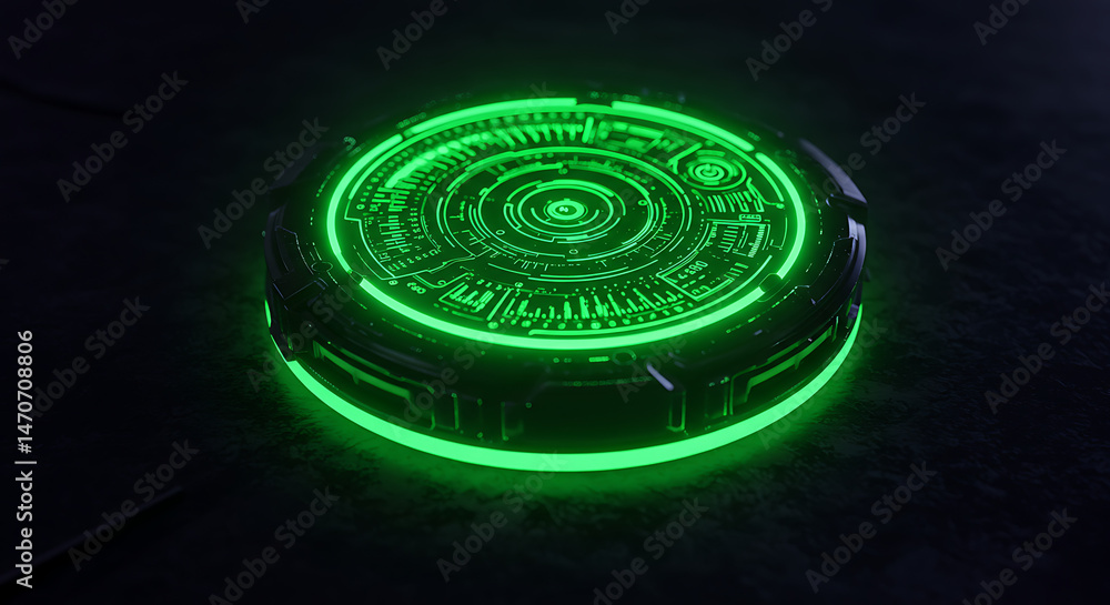 Poster futuristic glowing green circular interface. hi-tech platform emitting green light and displaying ho