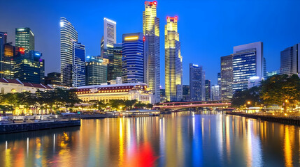 Fototapeta premium Mesmerizing view of Singapore skyline at twilight with vibrant reflections