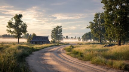 Country road leading to a barn in a field with fog and trees under a cloudy sky at dusk or dawn light
