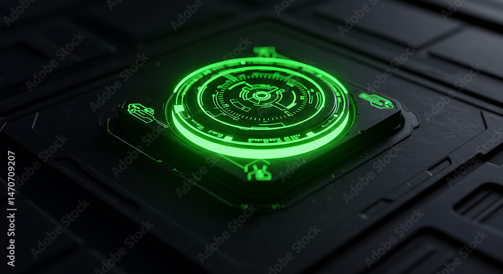 Aufkleber glowing interface element. a circular interface with green light emanates from a black geometric sur
