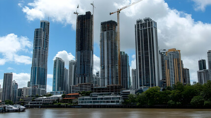 Brisbane riverfront skyline featuring modern architecture and ongoing construction projects